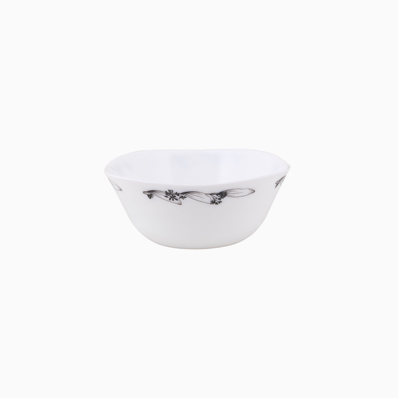 A set of white dinnerware with a floral pattern, including plates and bowls.