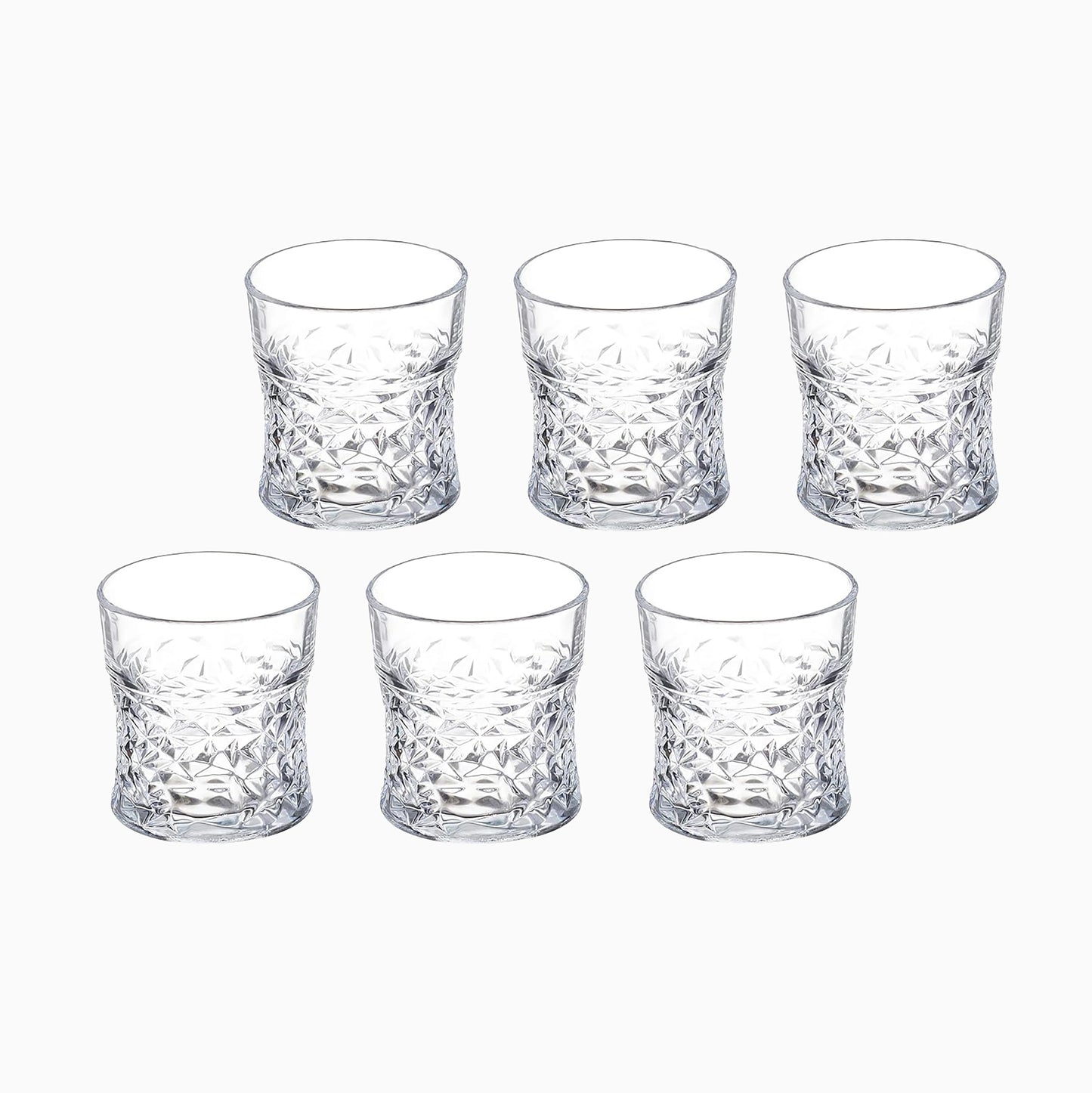Set of six clear glass tumblers with textured design