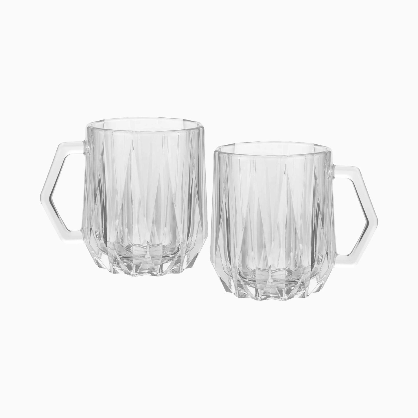 Two clear glass mugs with handles on a white background