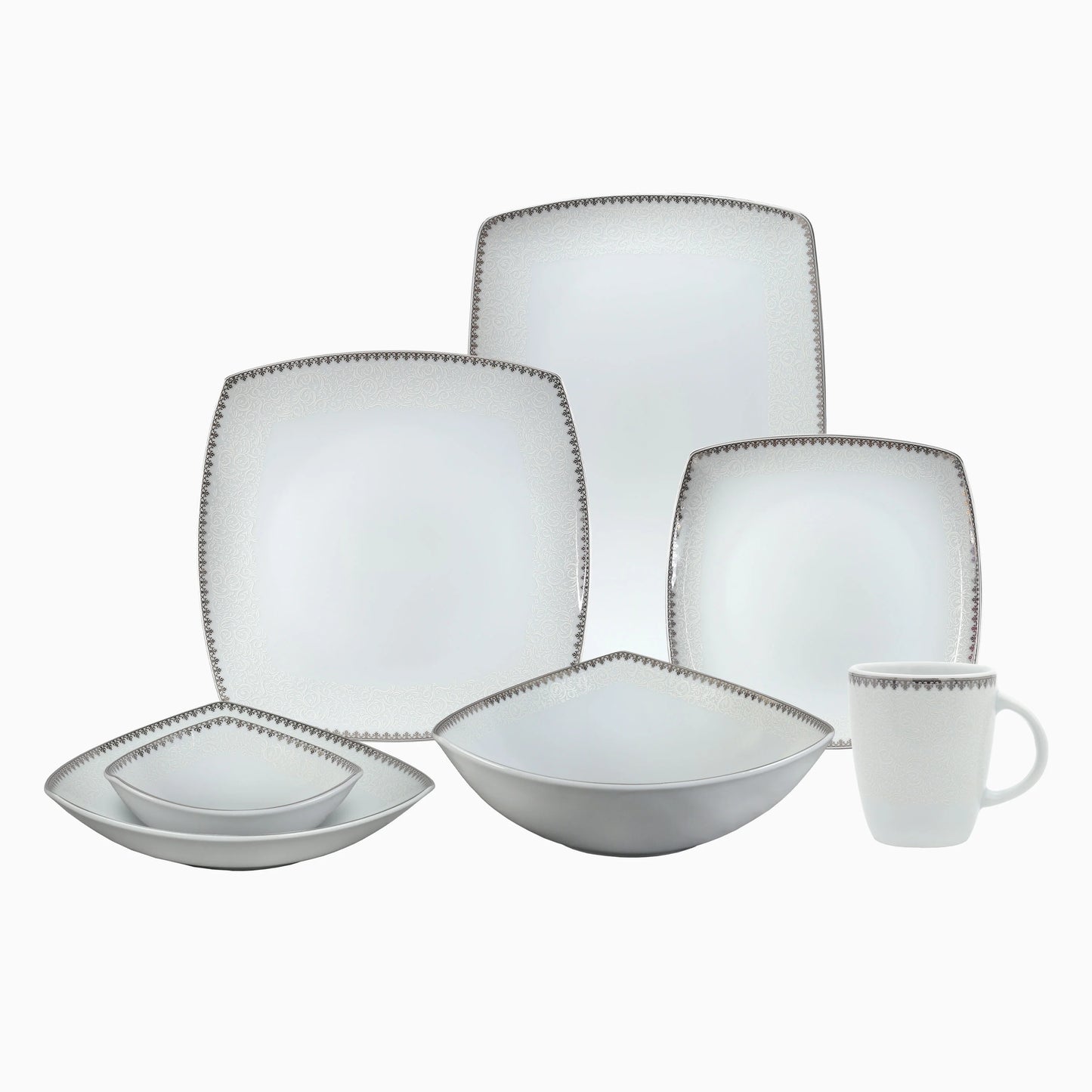 Set of white dinnerware with gray rim on a white background