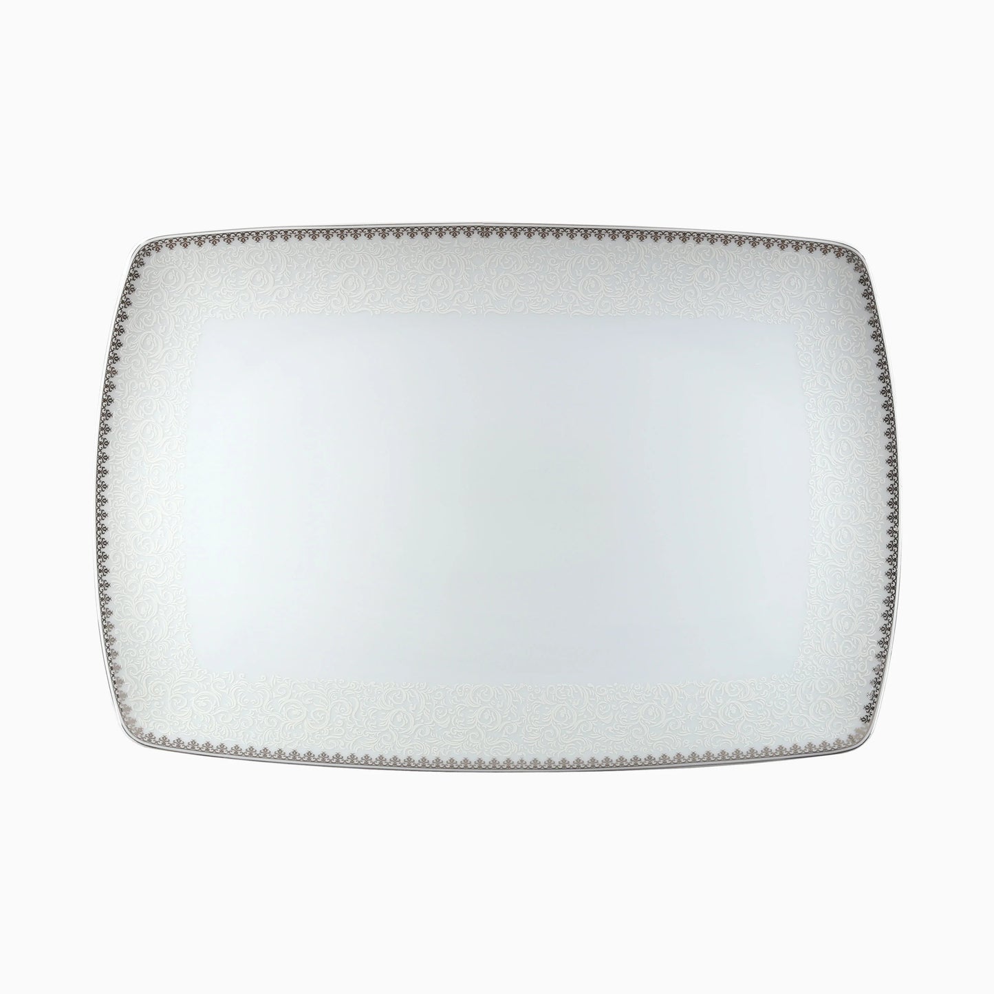 Rectangular white plate with decorative gray rim on a white background