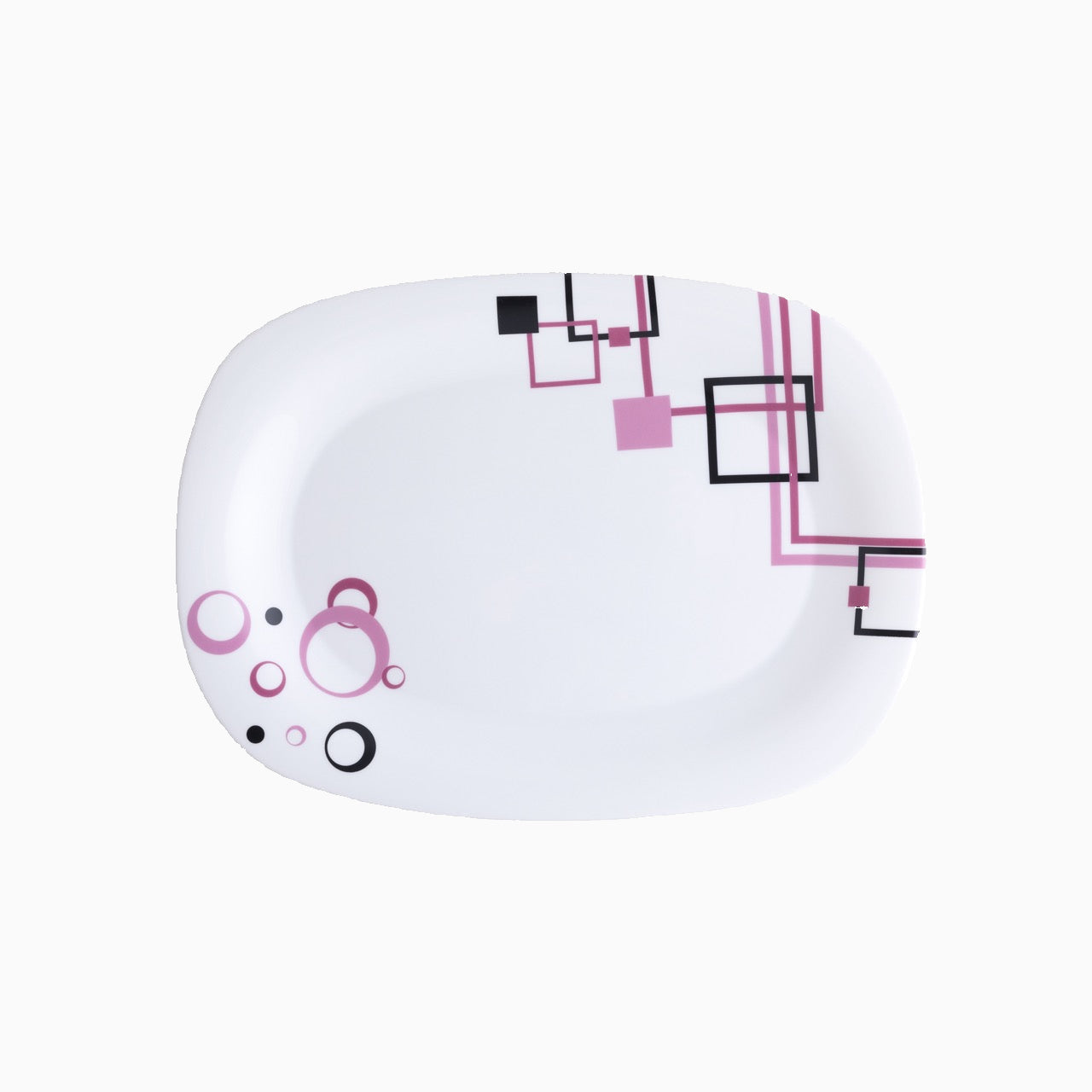 A set of white dinnerware with a geometric pattern in pink and purple, including dinner plates, dessert plates, soup plates, small bowls, and a platter.