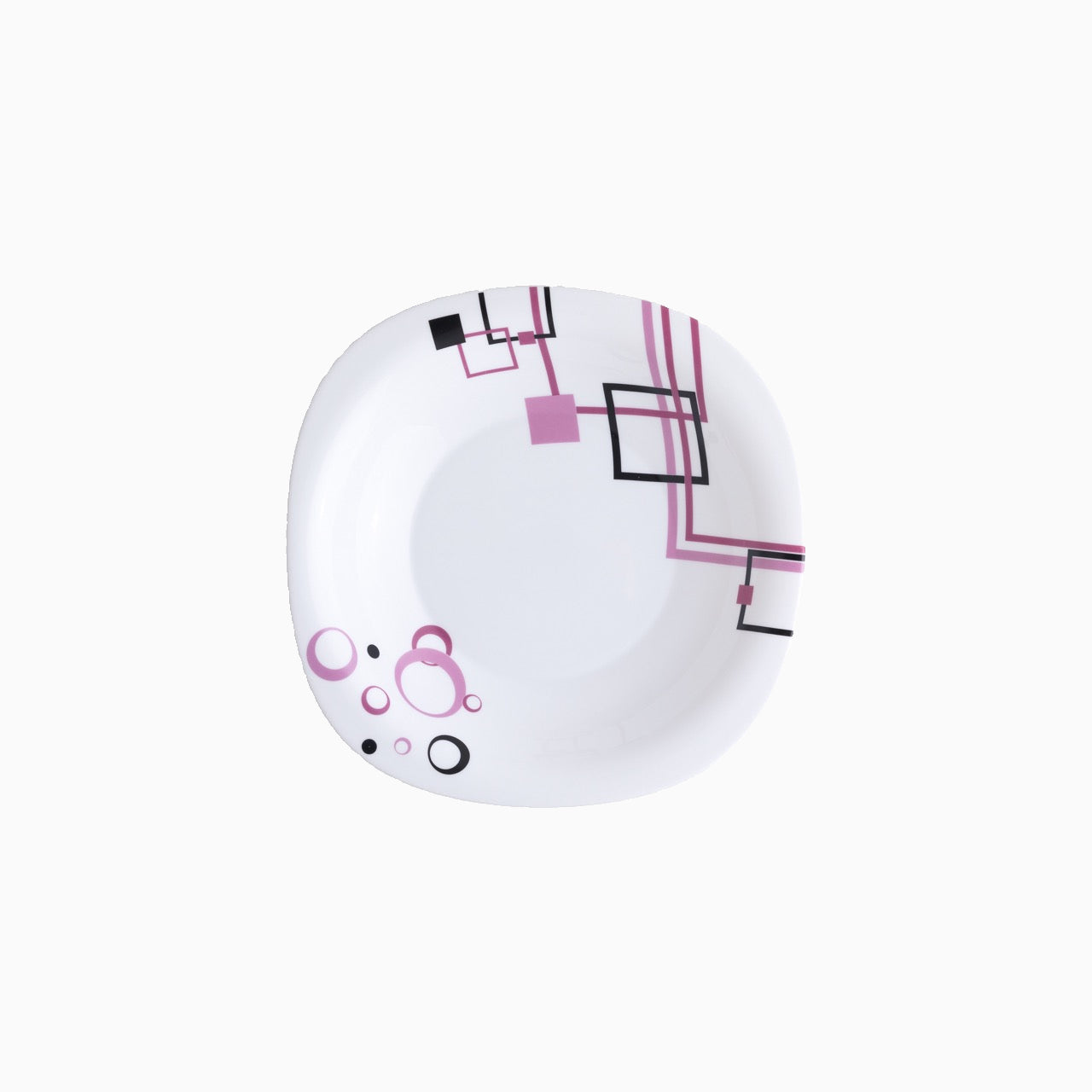 A set of white dinnerware with a geometric pattern in pink and purple, including dinner plates, dessert plates, soup plates, small bowls, and a platter.