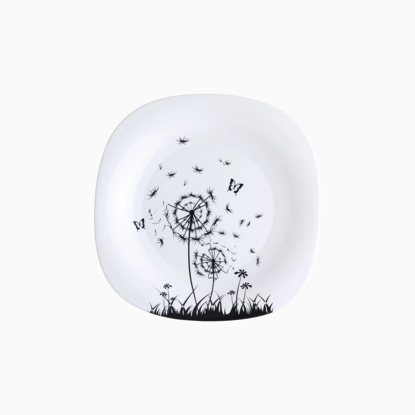 White plate with black dandelion and butterfly design on a white background