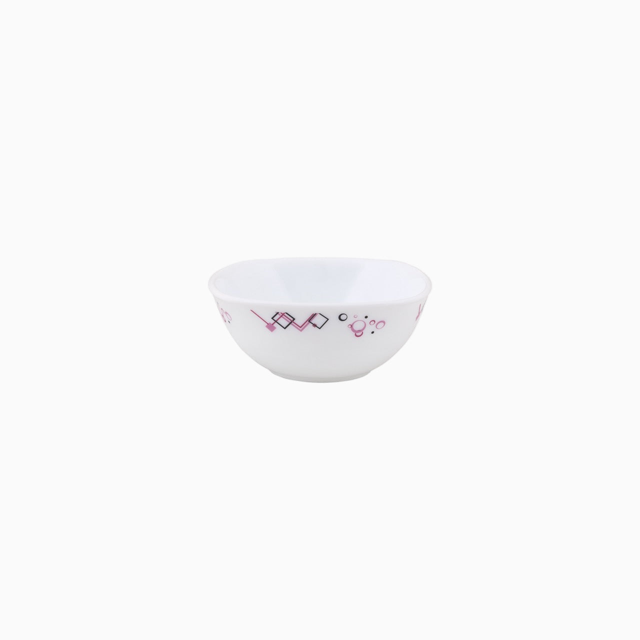A set of white dinnerware with a geometric pattern in pink and purple, including dinner plates, dessert plates, soup plates, small bowls, and a platter.