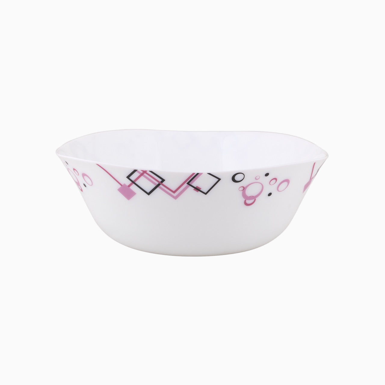 A set of white dinnerware with a geometric pattern in pink and purple, including dinner plates, dessert plates, soup plates, small bowls, and a platter.