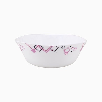 A set of white dinnerware with a geometric pattern in pink and purple, including dinner plates, dessert plates, soup plates, small bowls, and a platter.