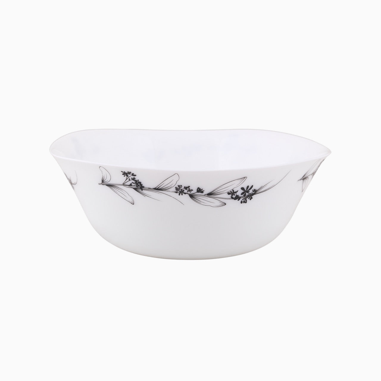 A set of white dinnerware with a floral pattern, including plates and bowls.