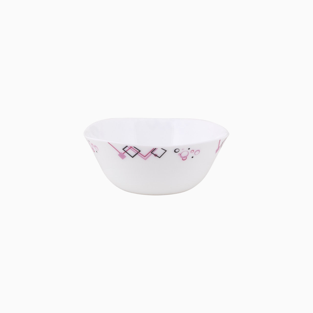 A set of white dinnerware with a geometric pattern in pink and purple, including dinner plates, dessert plates, soup plates, small bowls, and a platter.