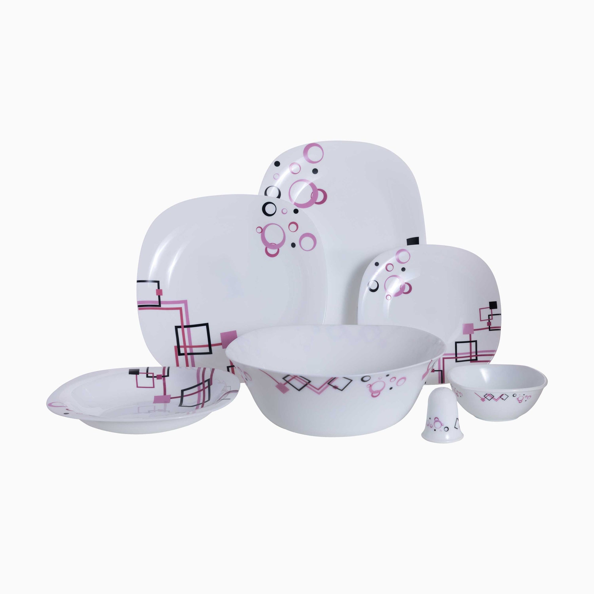 Ceramic dinner set with pink and black patterns on a white background