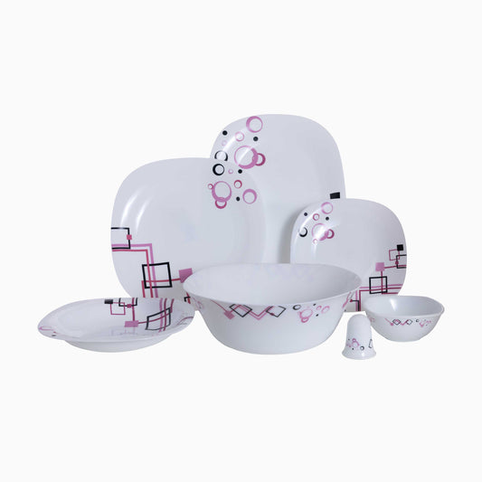 Ceramic dinner set with pink and black patterns on a white background