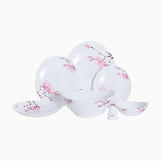 White dinnerware set with pink floral patterns on a white background