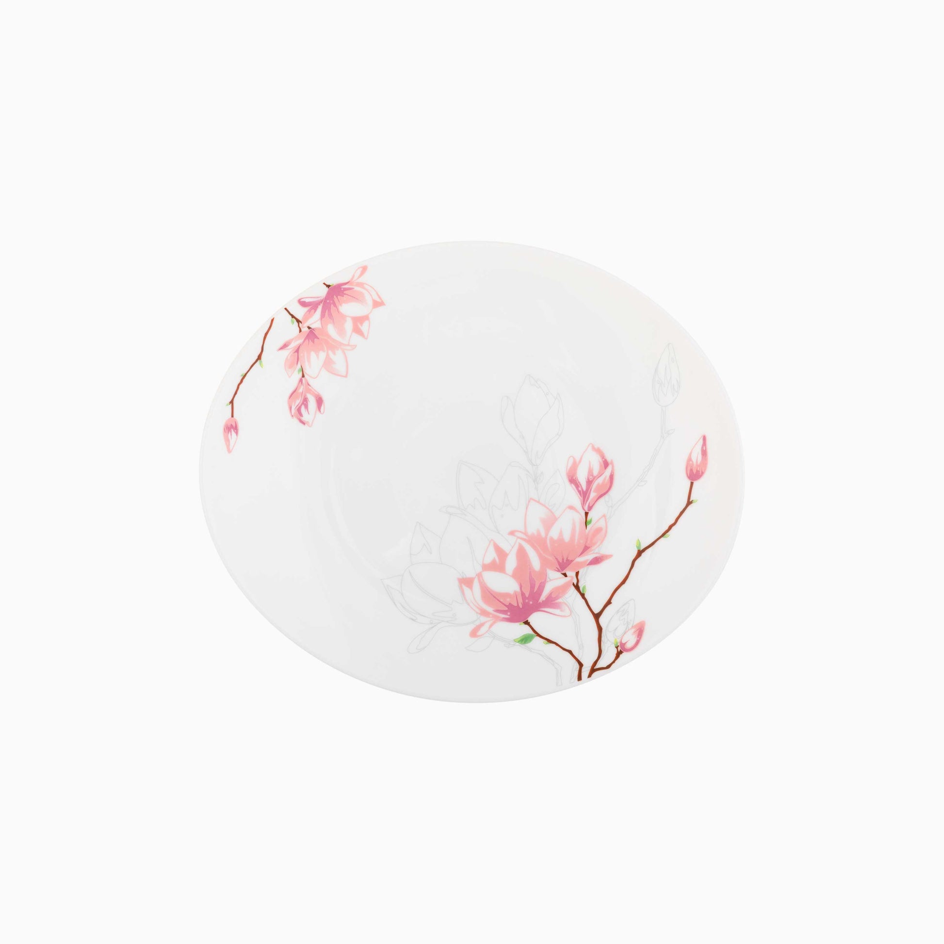 Round white plate with pink floral design on a white background