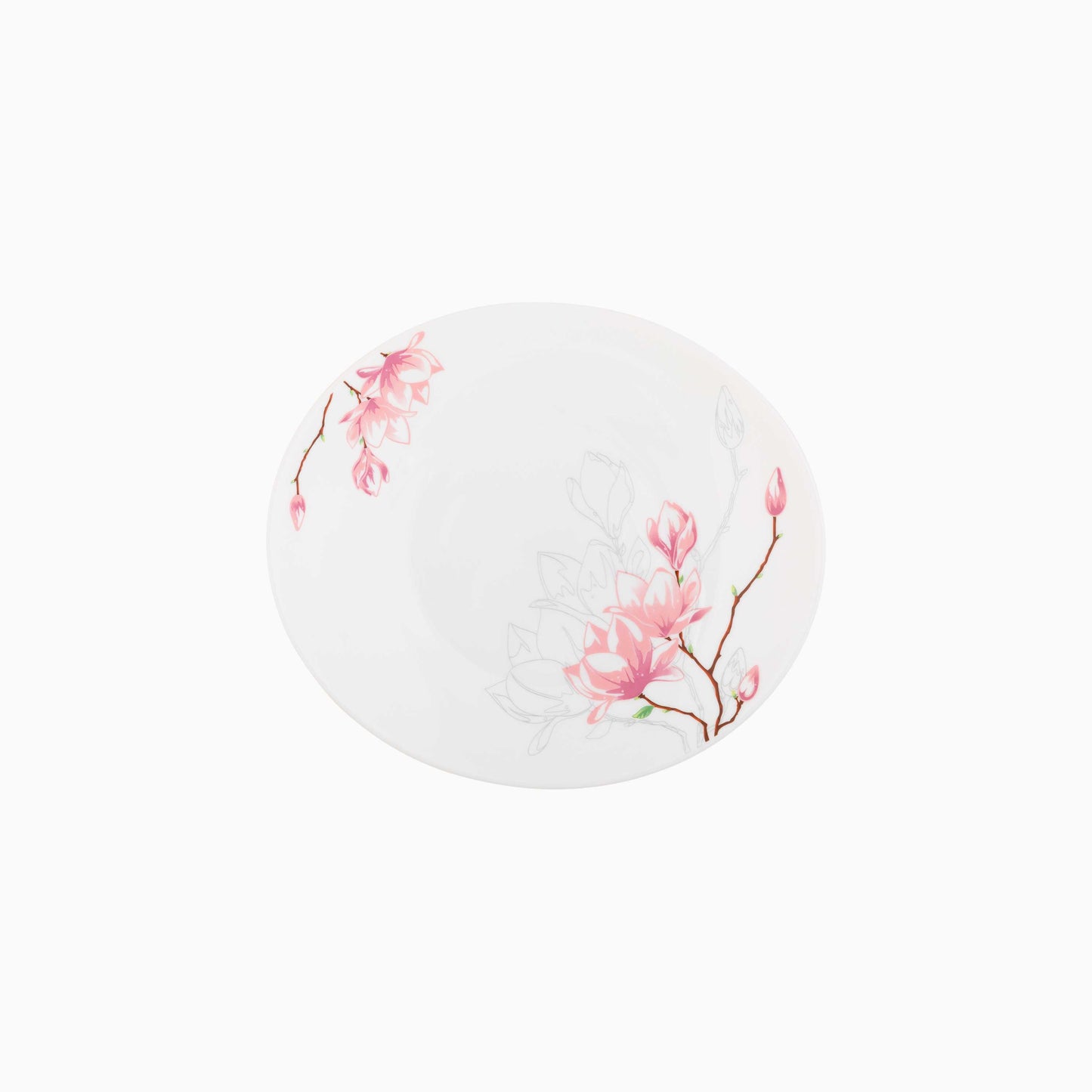 Round white plate with pink floral design on a white background
