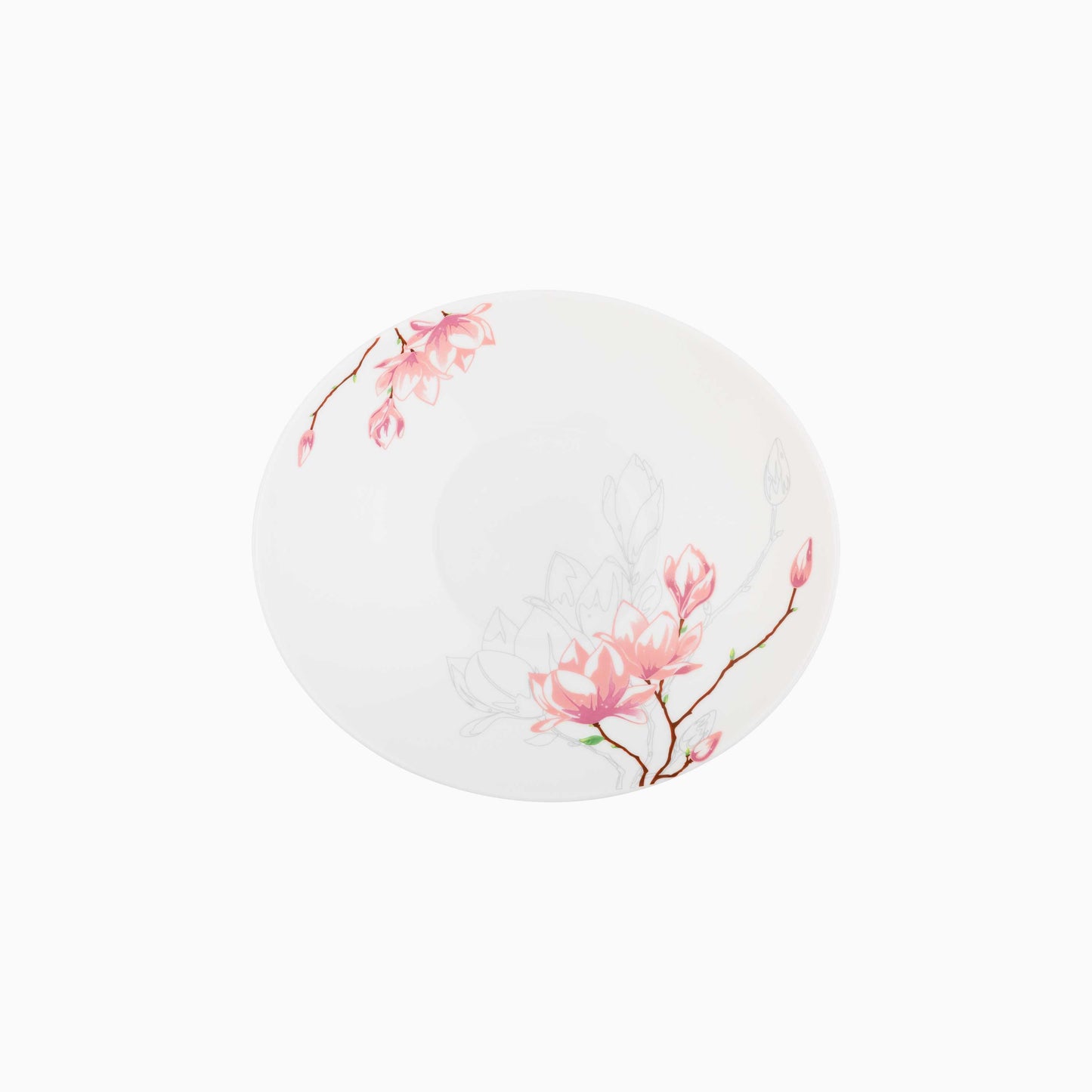 Round white plate with pink floral design on a white background