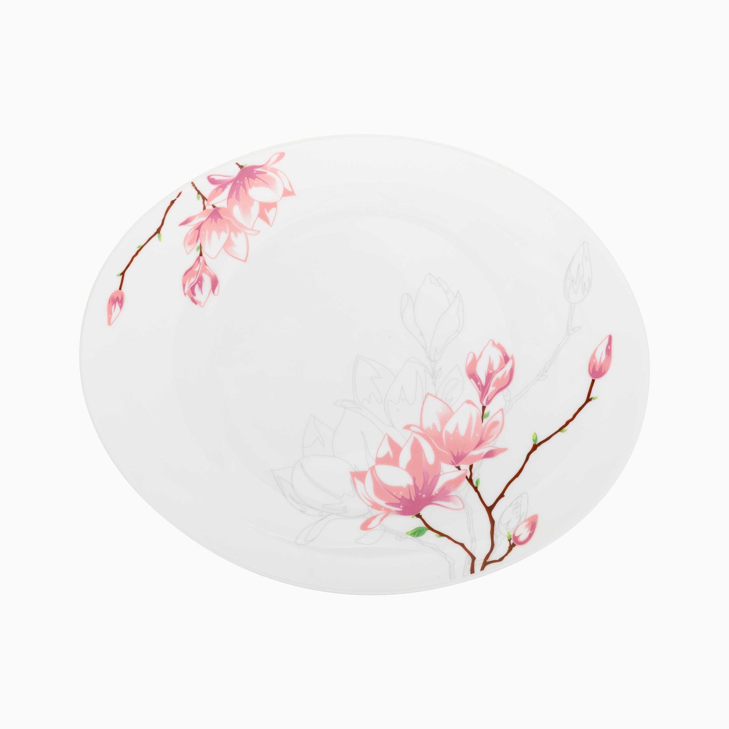 Oval white plate with pink floral design on a white background