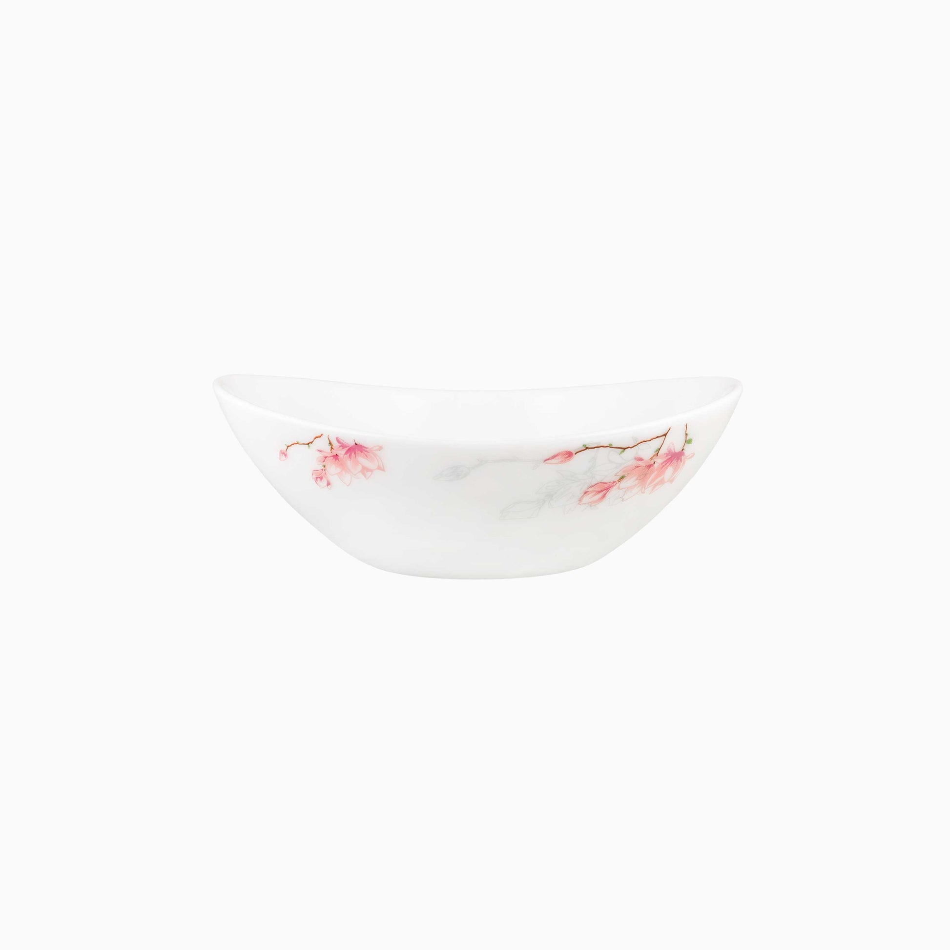 White opal bowl with pink floral patterns on a white background