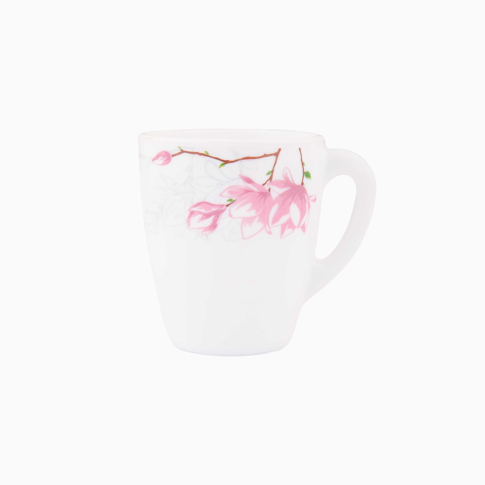 White mug with pink floral design on a white background
