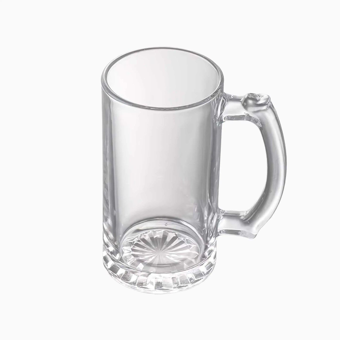 Clear glass mug with handle on a white background