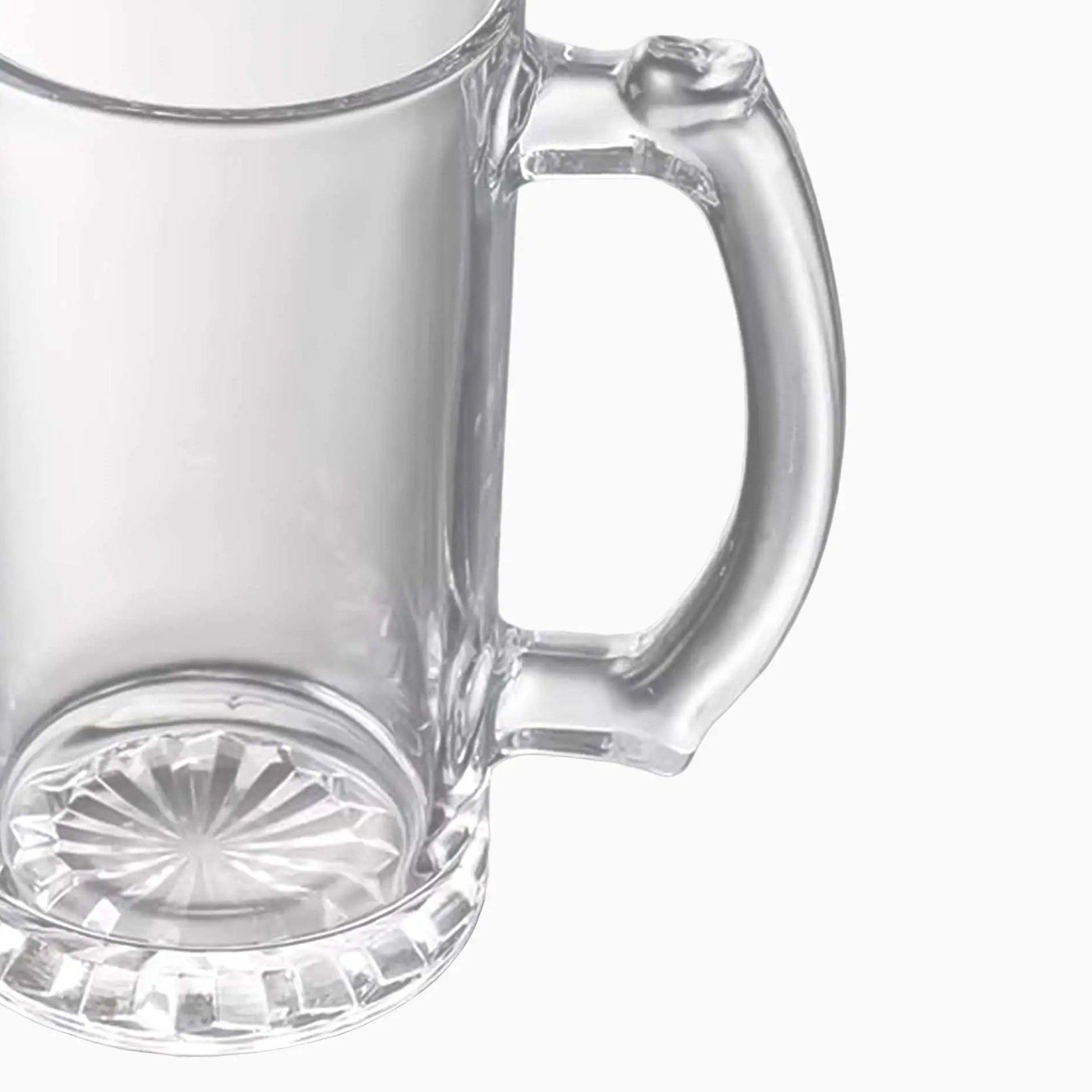 Clear glass mug with handle on a white background