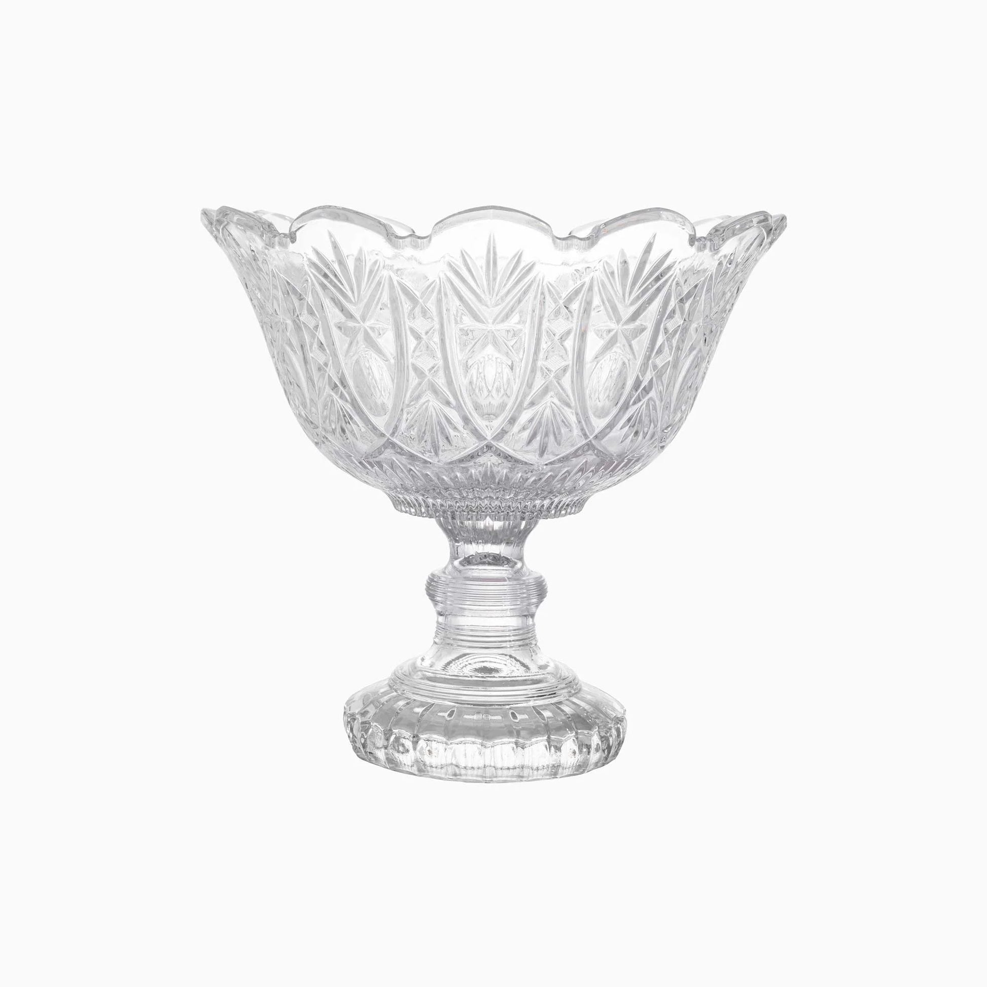 Clear glass bowl with intricate cut patterns on a white background