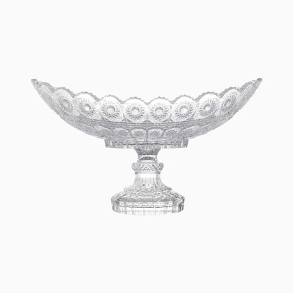 Clear glass footed bowl on a white background