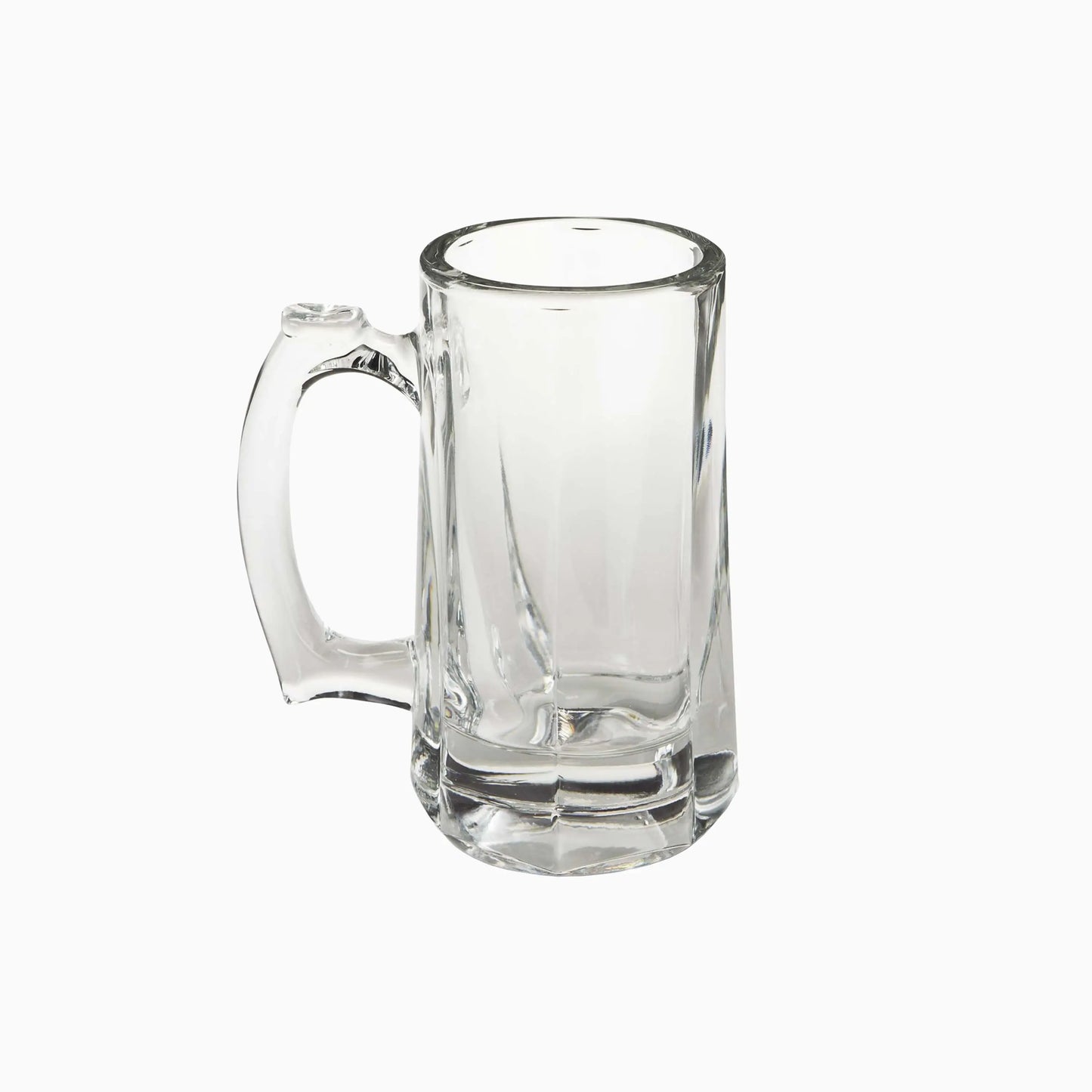 Clear glass mug with handle on a white background