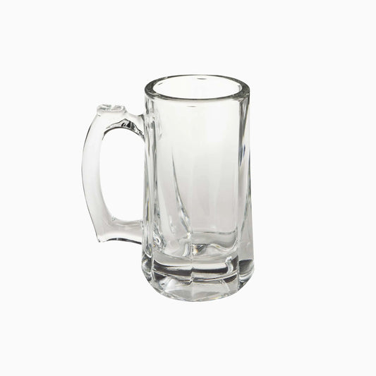 Clear glass mug with handle on a white background