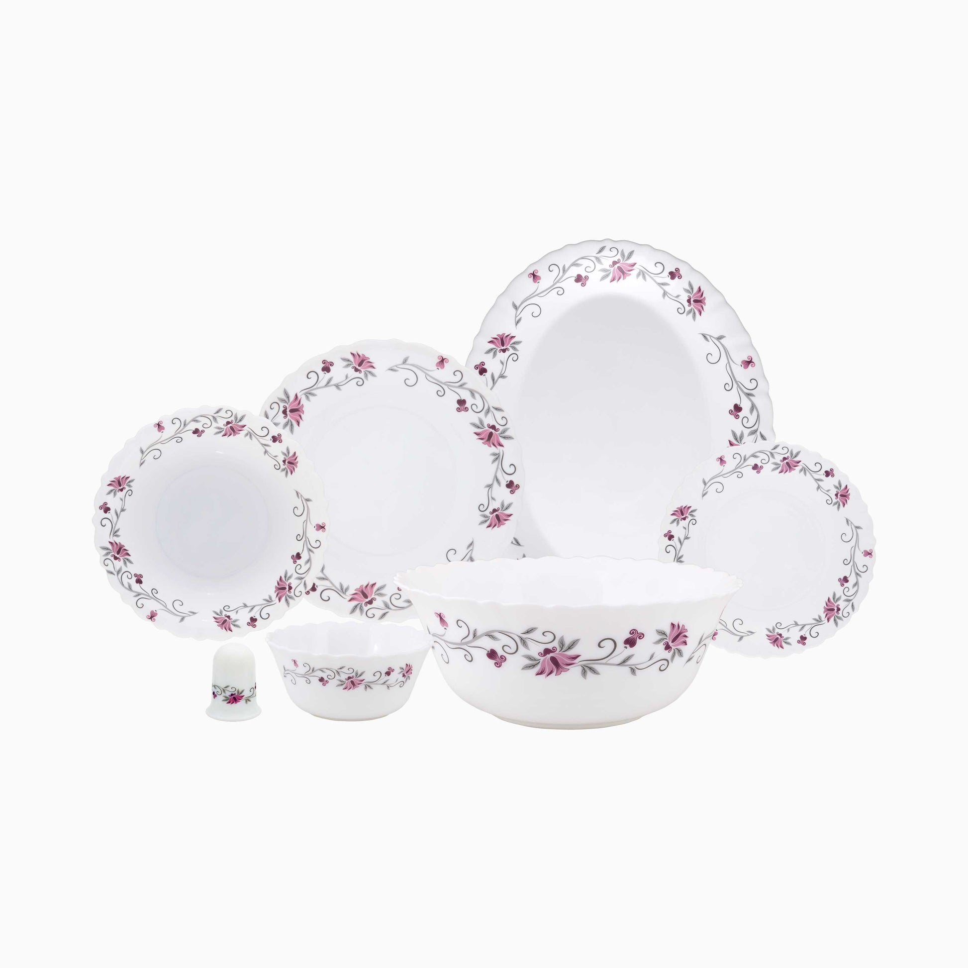 Set of opal dinnerware with floral patterns on a white background