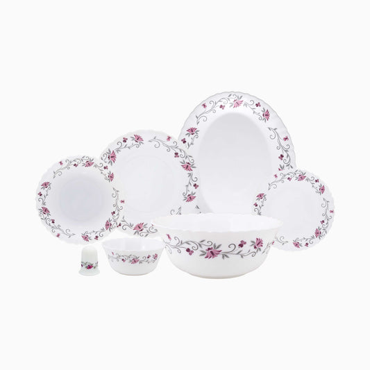 Set of opal dinnerware with floral patterns on a white background