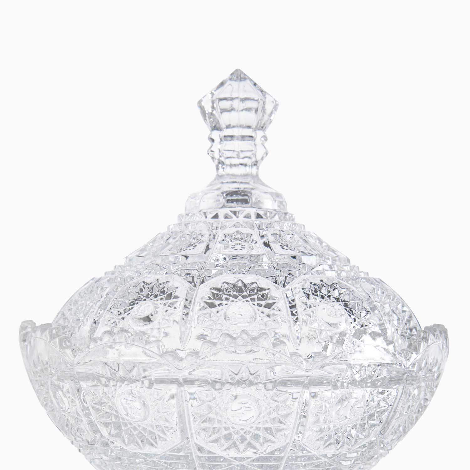 Clear glass candy bowl with intricate cut patterns