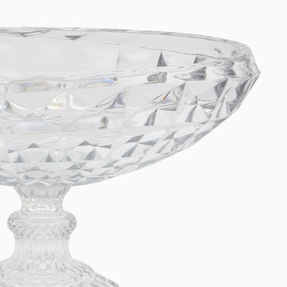 Clear glass bowl with diamond cut pattern on a white background