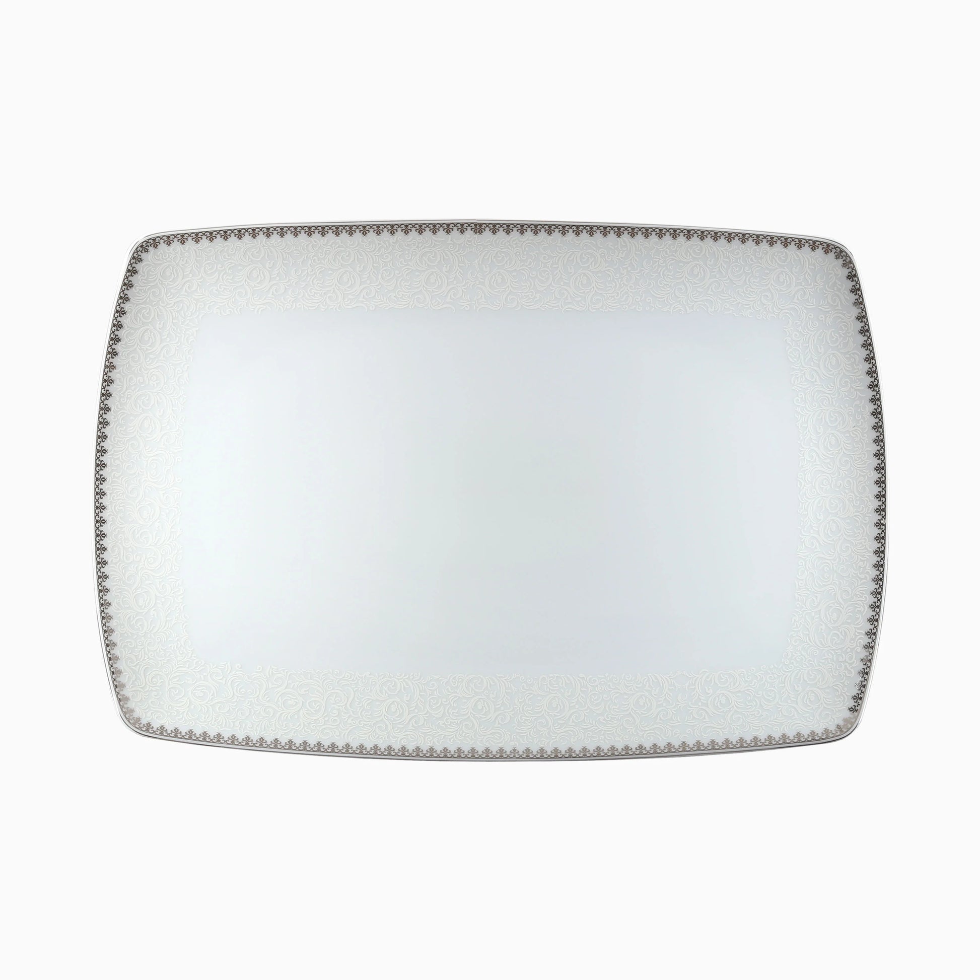 Rectangular white plate with decorative gray rim on a white background