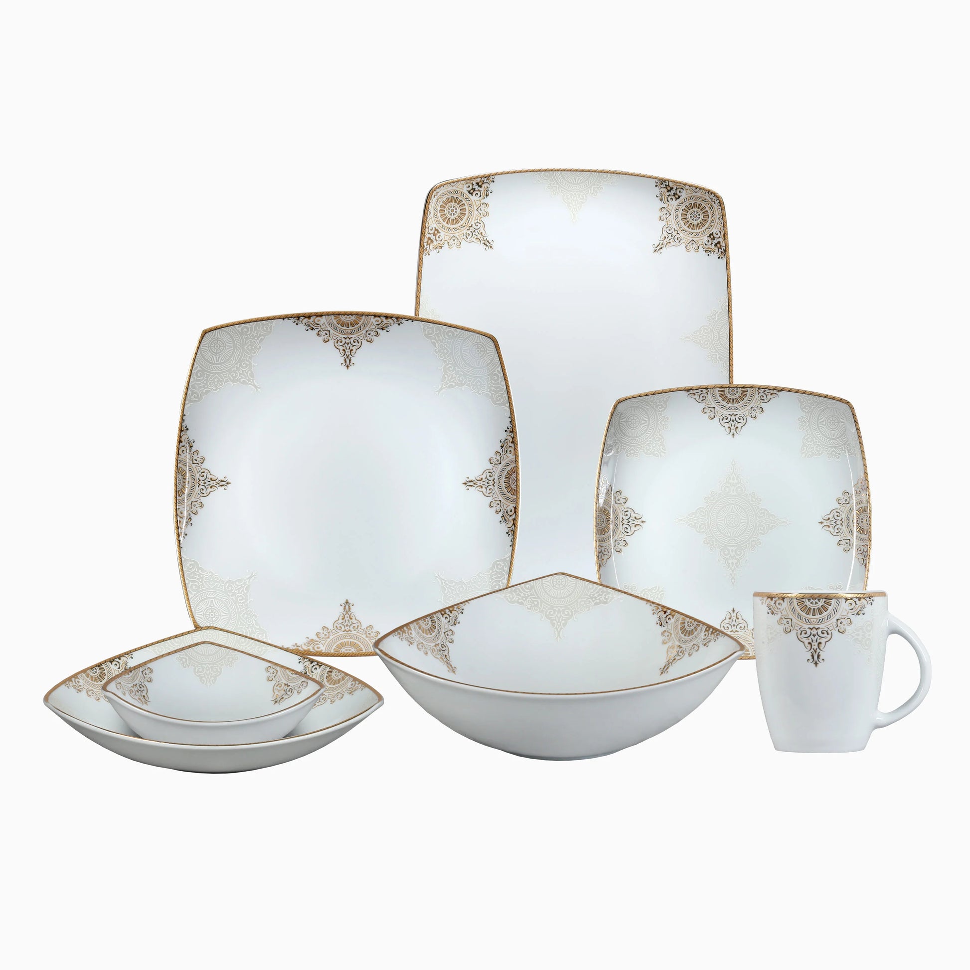 Set of ceramic dinnerware with decorative patterns on a white background