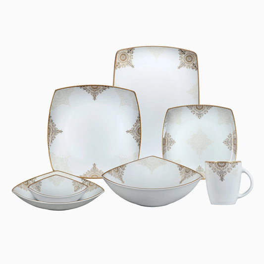 Set of ceramic dinnerware with decorative patterns on a white background