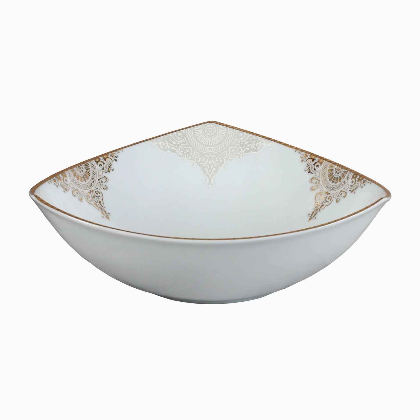 Decorative white bowl with gold patterns on a white background