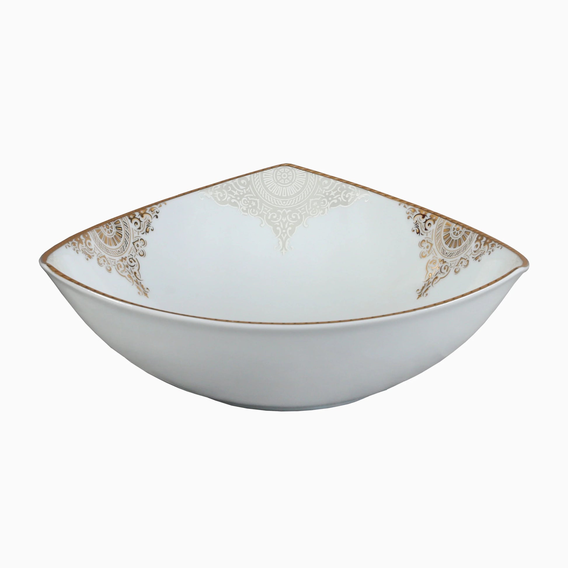 Decorative white bowl with gold patterns on a white background