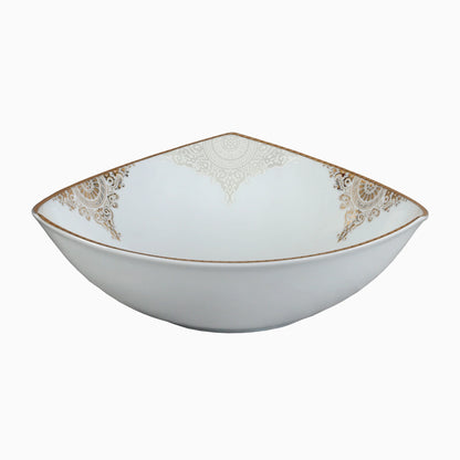Decorative white bowl with gold patterns on a white background