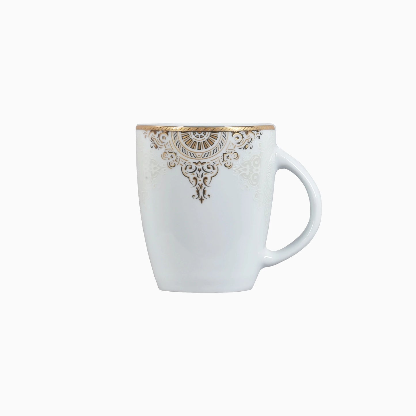 White mug with decorative gold pattern on a white background