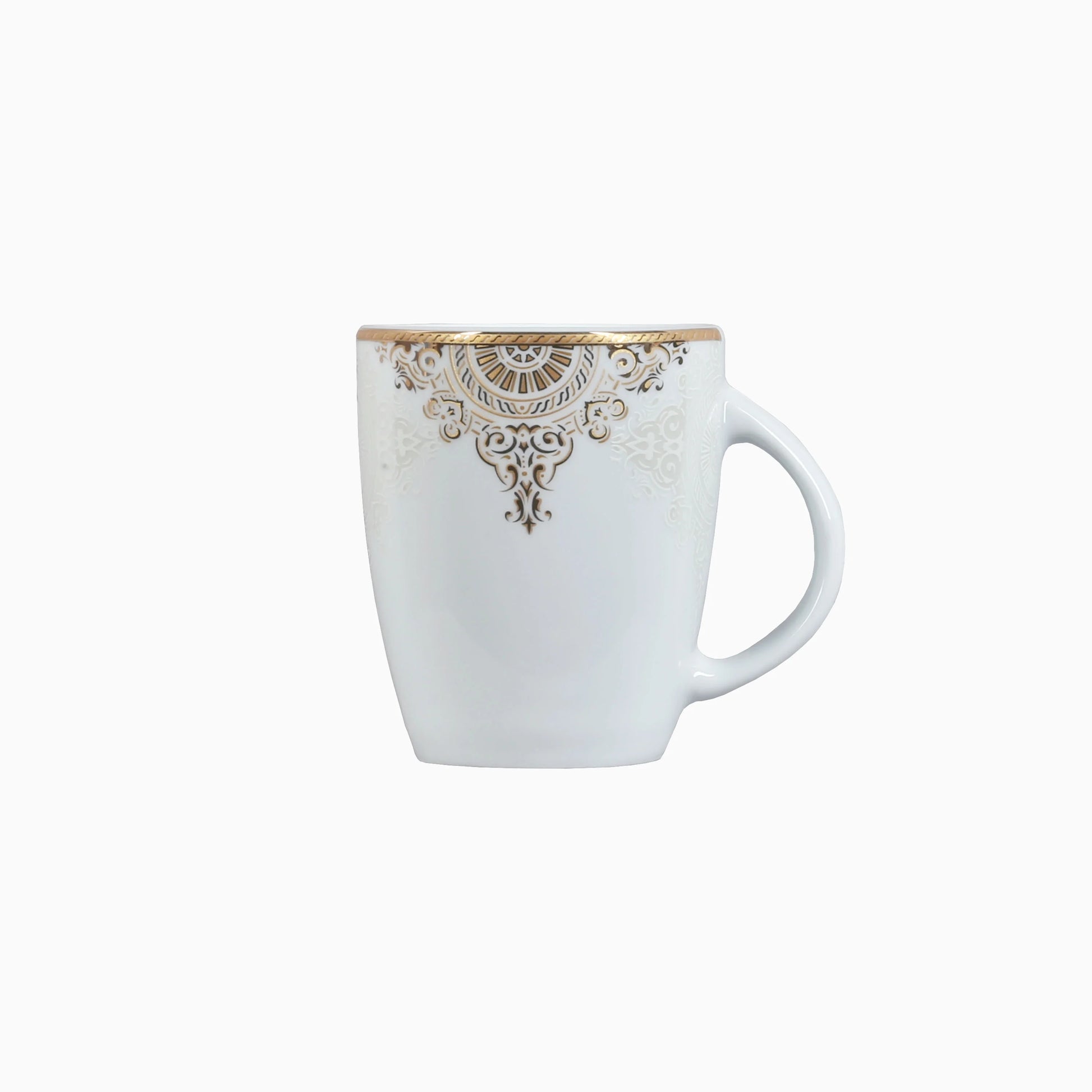 White mug with decorative gold pattern on a white background