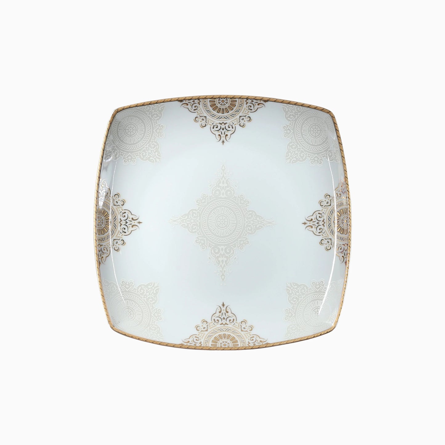 Square ceramic plate with decorative gold patterns on a white background