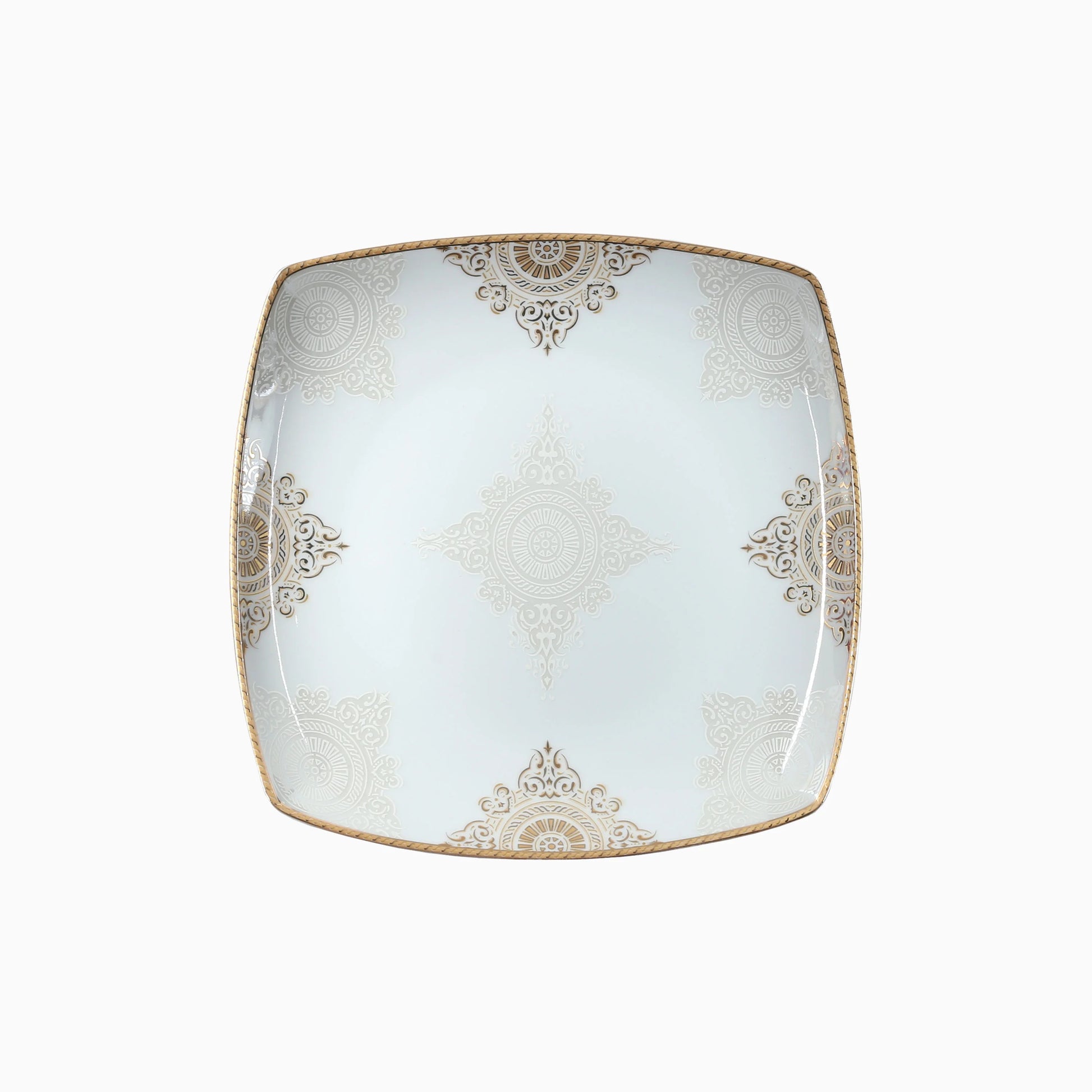 Square ceramic plate with decorative gold patterns on a white background