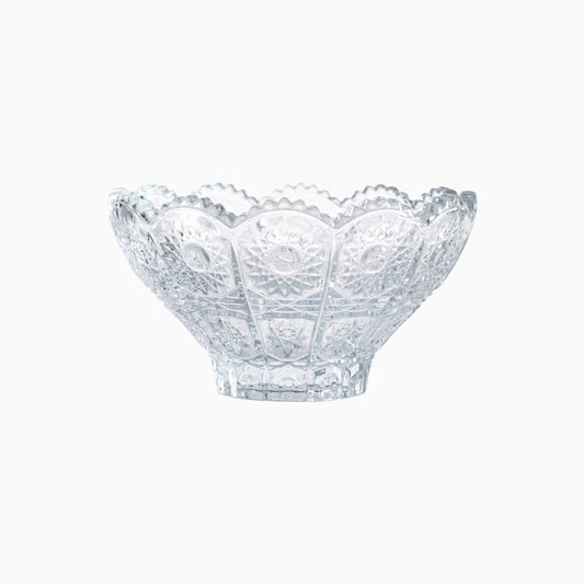 Clear glass bowl with decorative pattern on a white background