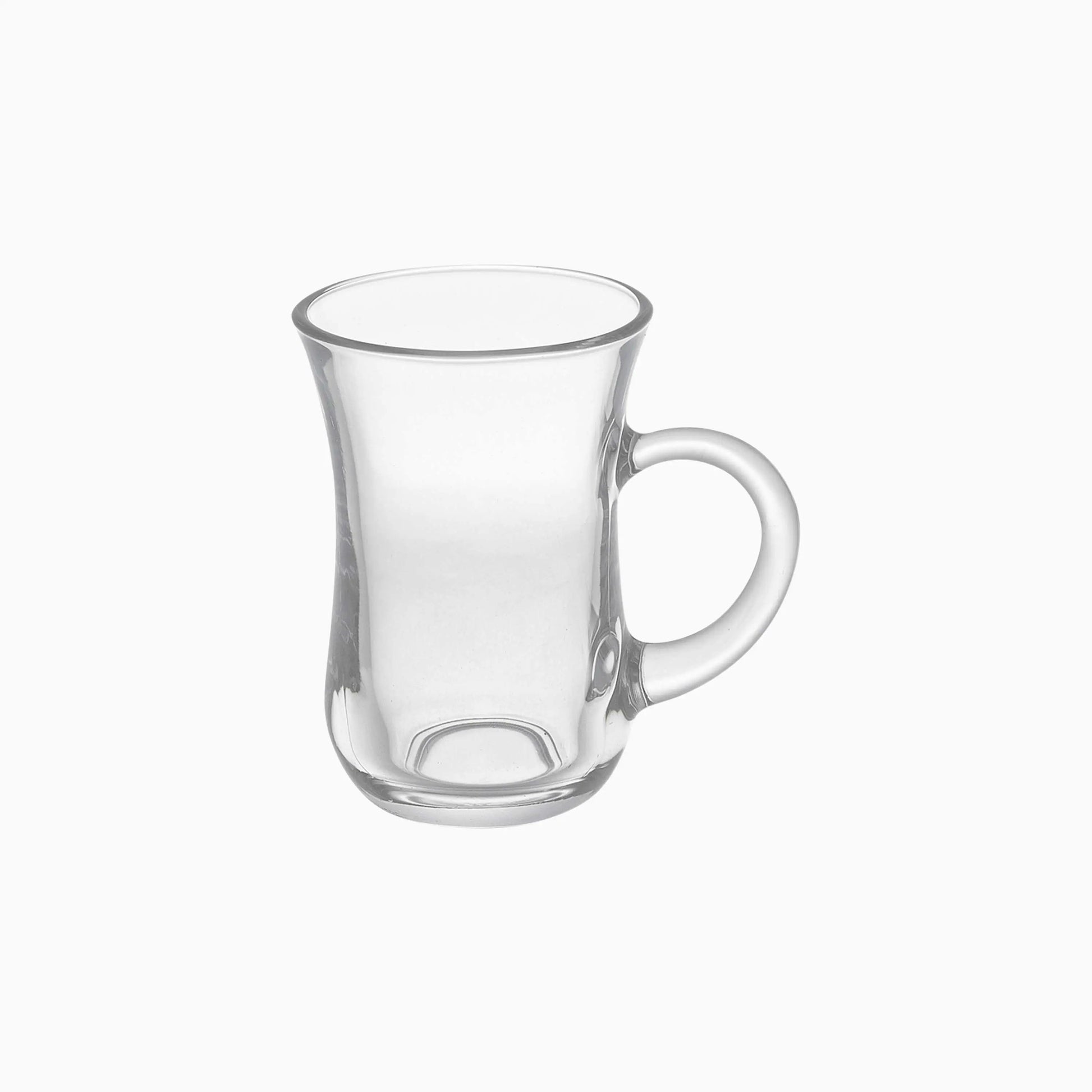Clear glass mug with handle on a white background