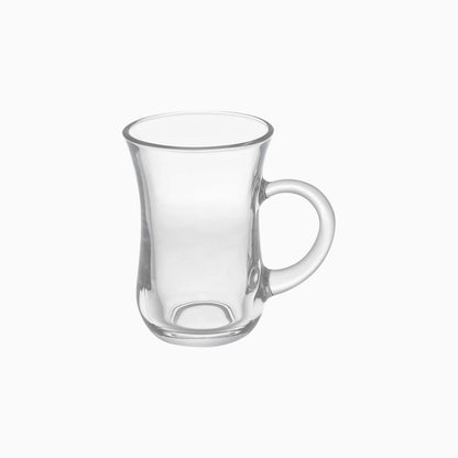 Clear glass mug with handle on a white background