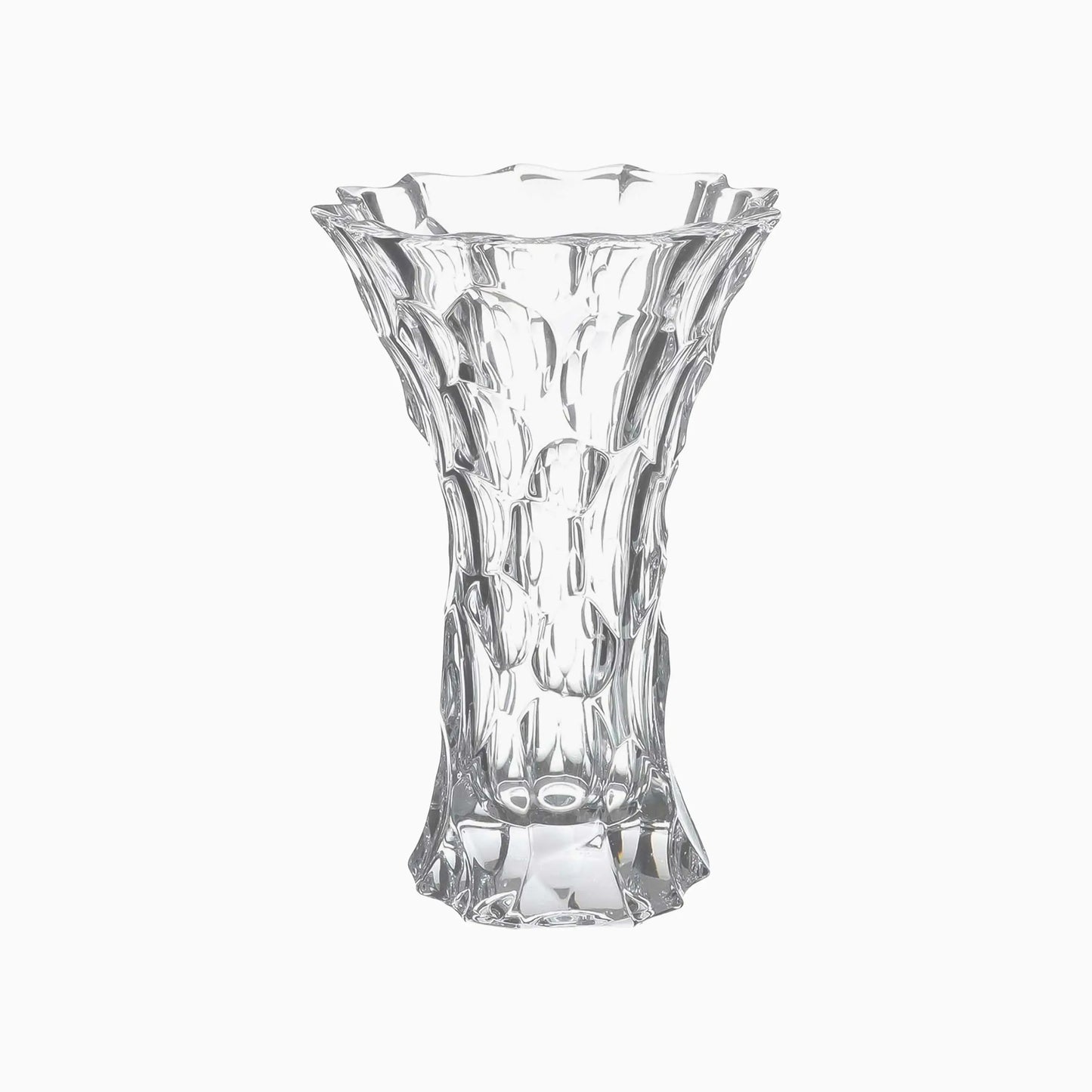 Clear glass vase with textured design on a white background