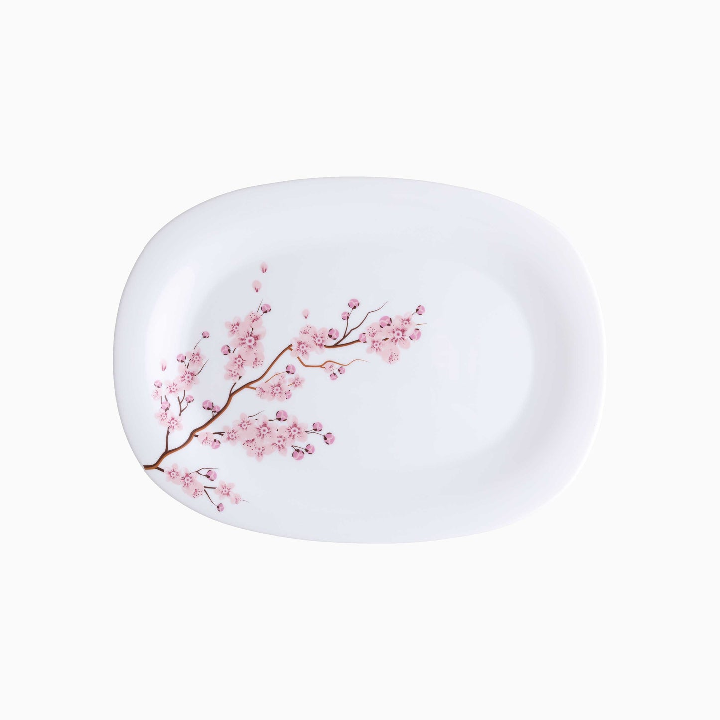 White oval plate with pink cherry blossom design on a white background