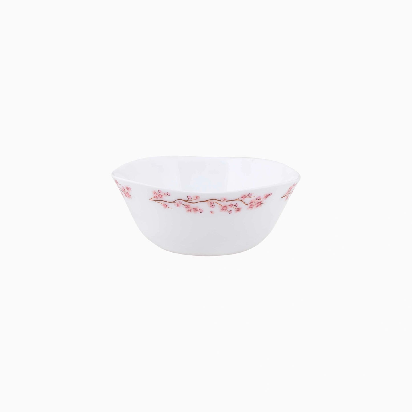 White opal bowl with pink floral design on a white background