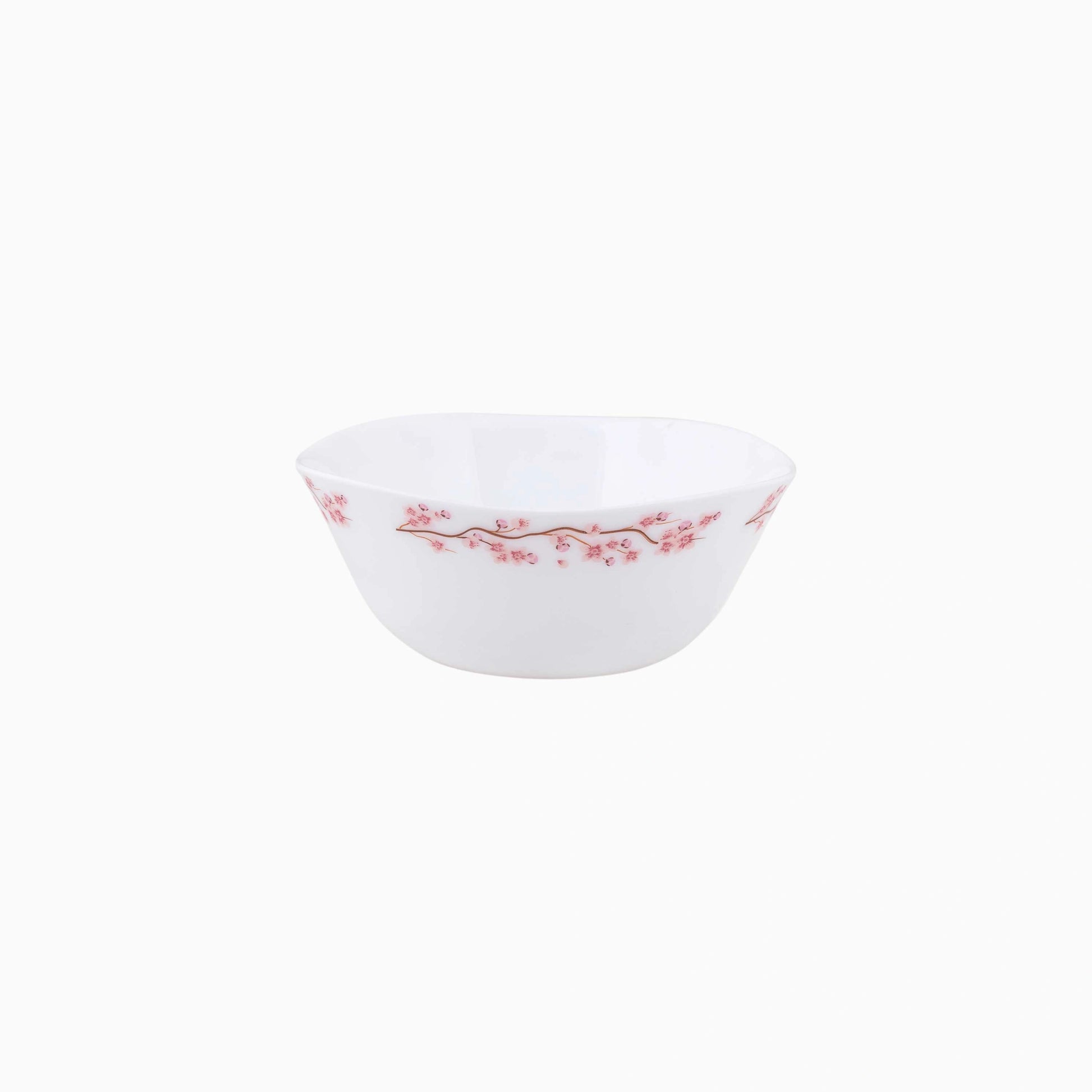 White opal bowl with pink floral design on a white background